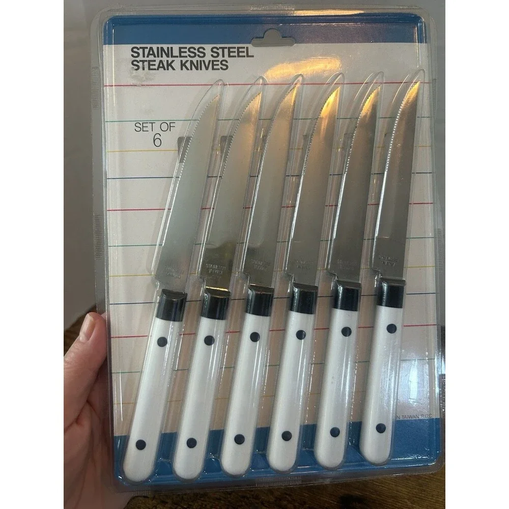 Vintage NOS Stainless Steel Steak Knife Set of 6 White Handles Taiwan ROC Sealed
